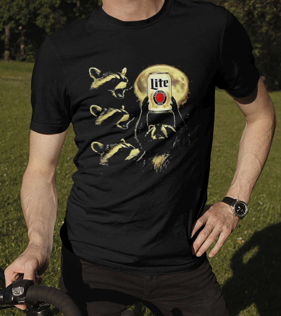 Moon Raccoon Lite Beer Can In Full Moonlight T-Shirt