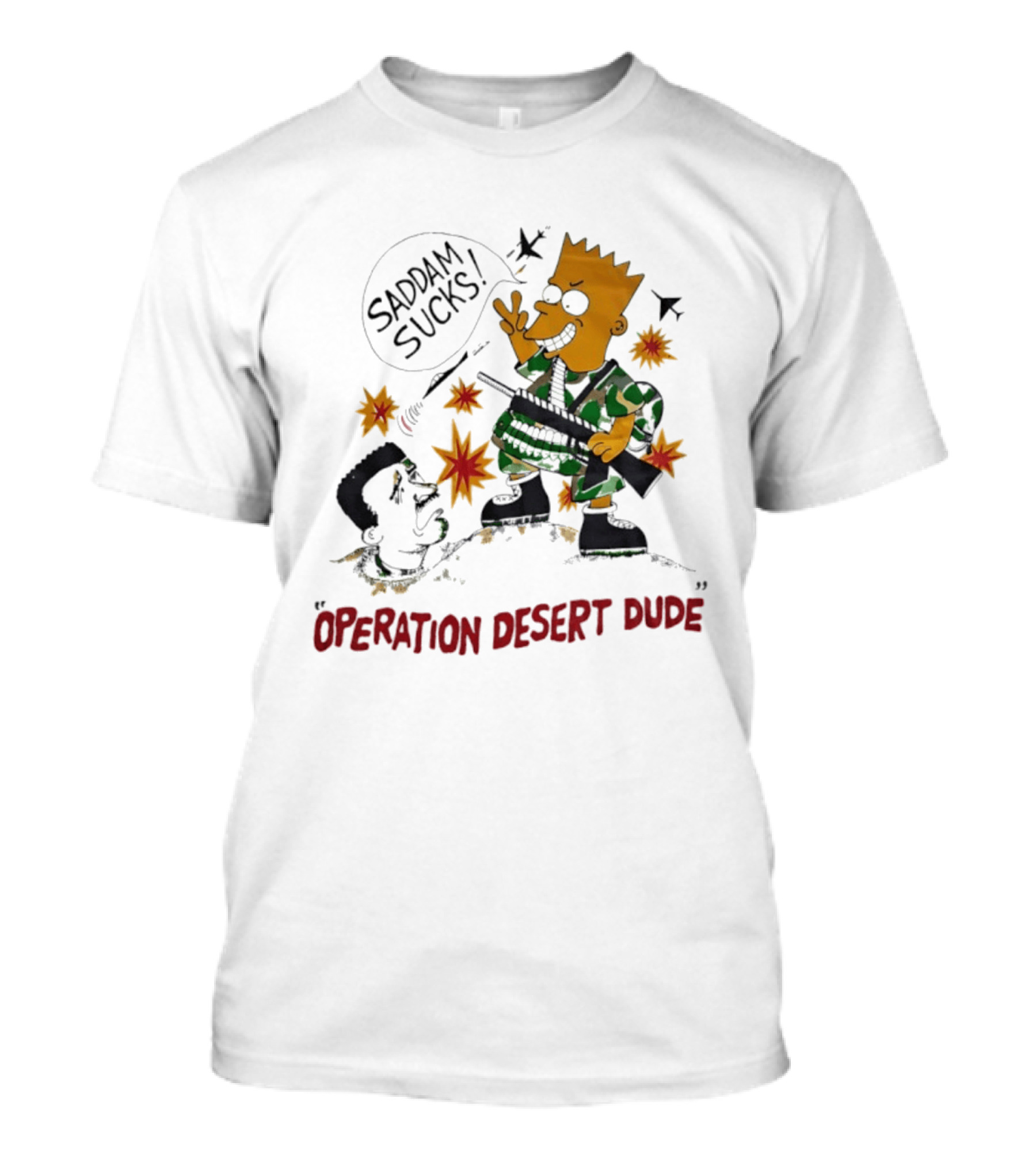 Bart Operation Desert Dude Saddam Sucks Explosion Camo T-Shirt