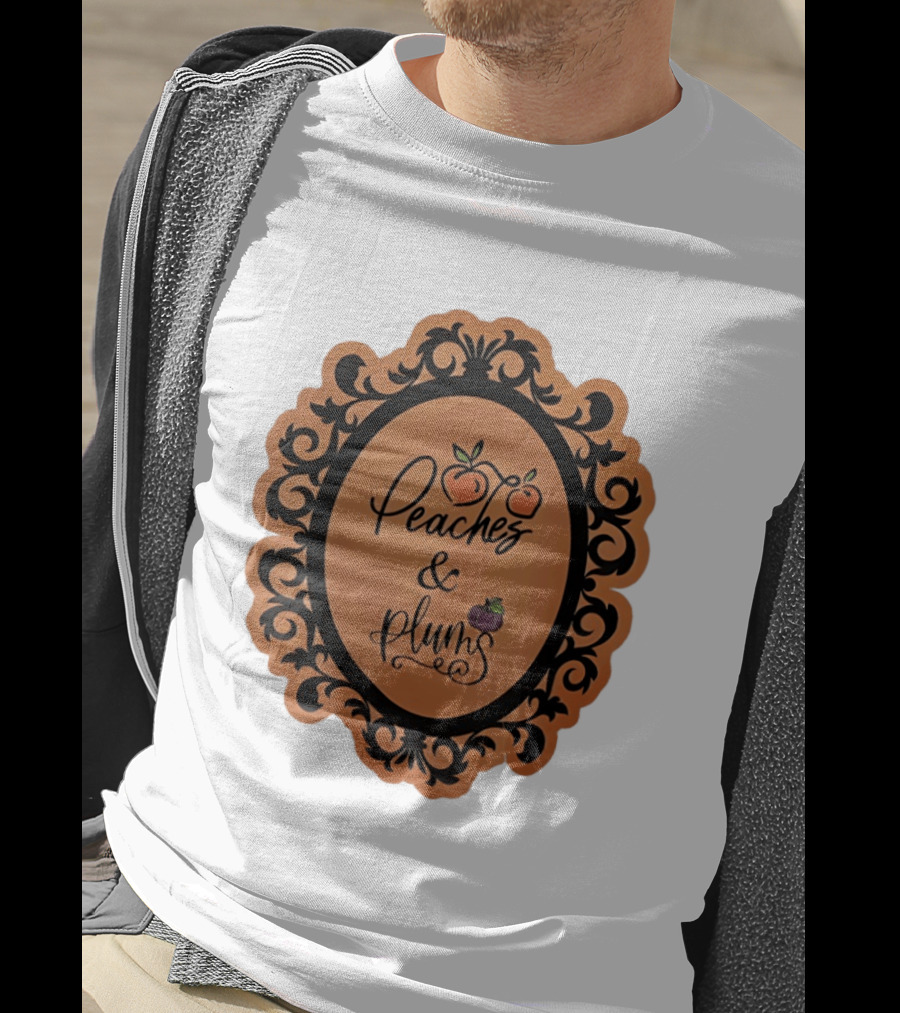 Peaches And Plums Ornate Black Floral Oval Frame T-Shirt