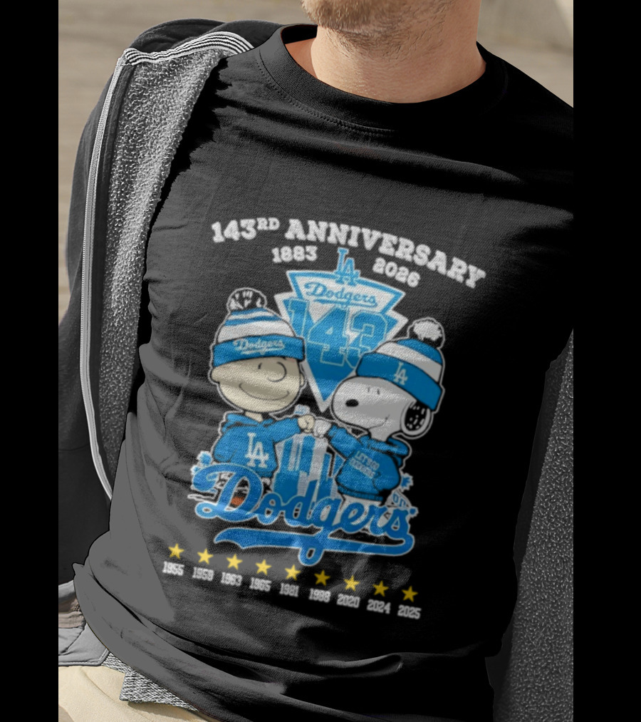 Los Angeles Dodgers 143rd Anniversary 1883 2026 Charlie Brown Snoopy Fist Bump T-Shirt