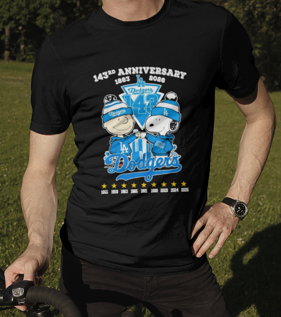 Los Angeles Dodgers 143rd Anniversary 1883 2026 Charlie Brown Snoopy Fist Bump T-Shirt