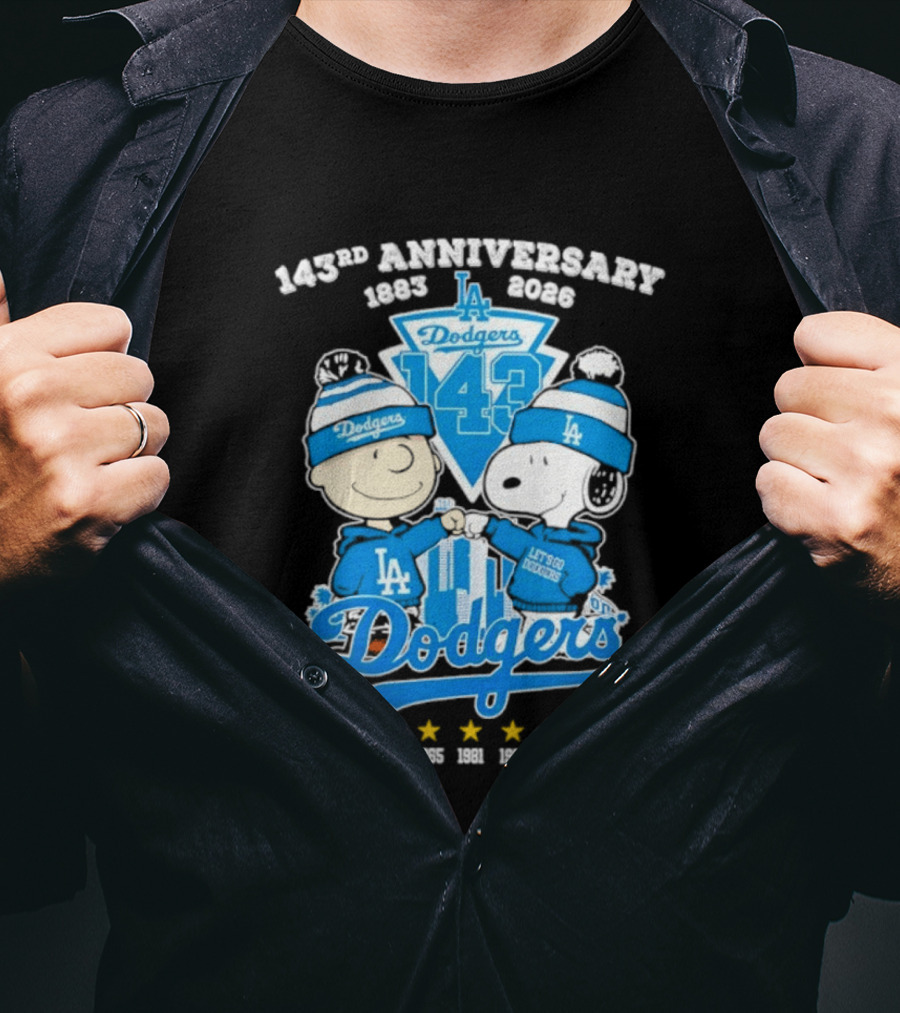 Los Angeles Dodgers 143rd Anniversary 1883 2026 Charlie Brown Snoopy Fist Bump T-Shirt
