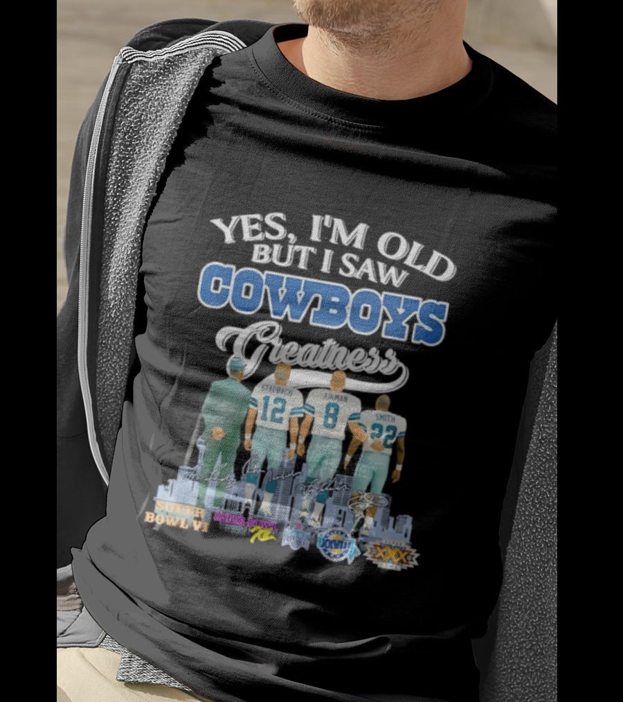 Dallas Cowboys Legends Staubach Aikman Smith Skyline Super Bowl Wins T-Shirt
