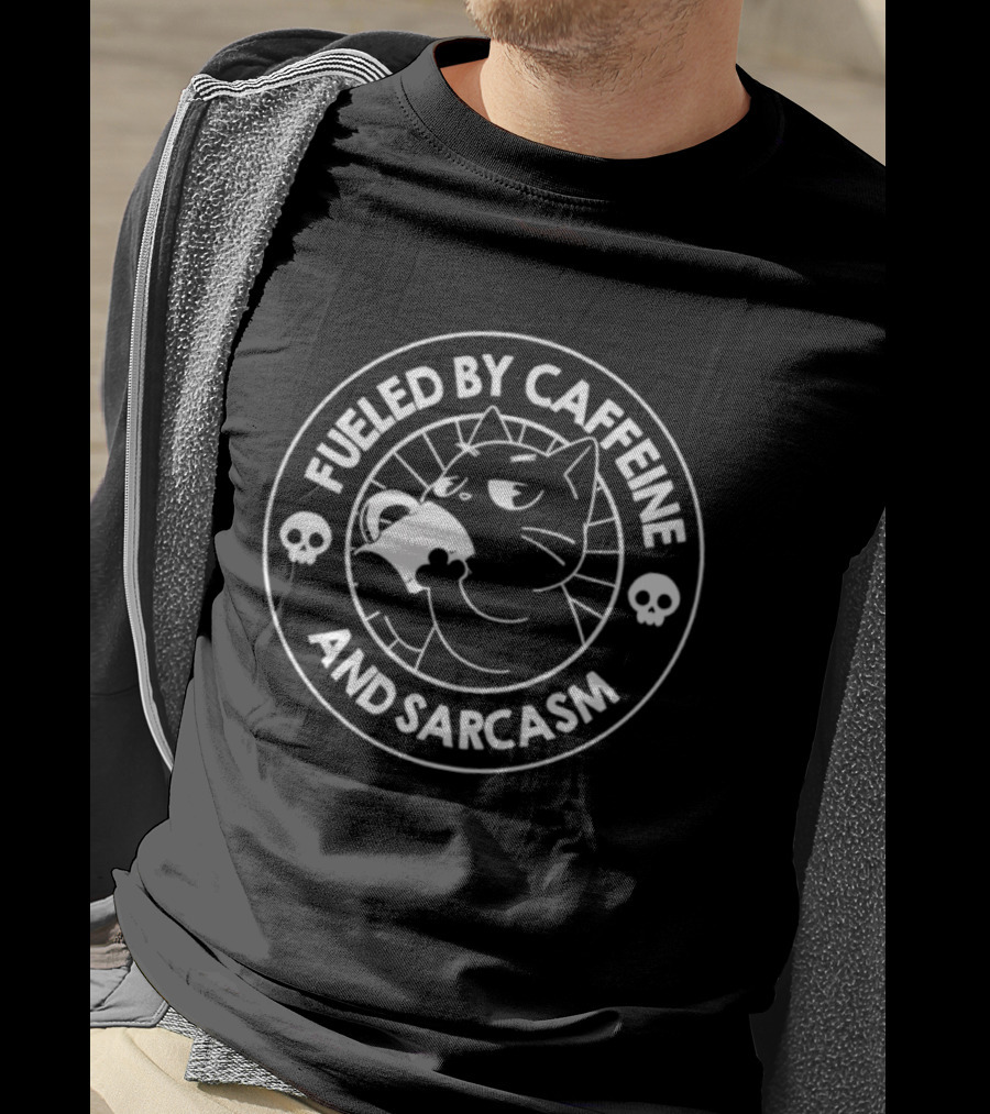 Fueled By Caffeine And Sarcasm Cat Drinking Coffee Skulls T-Shirt