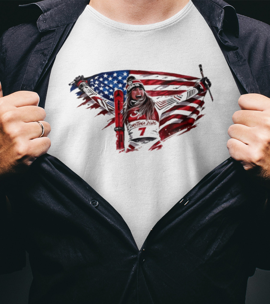 USA Winter Olympic Mikaela Shiffrin American Flag Skier T-Shirt