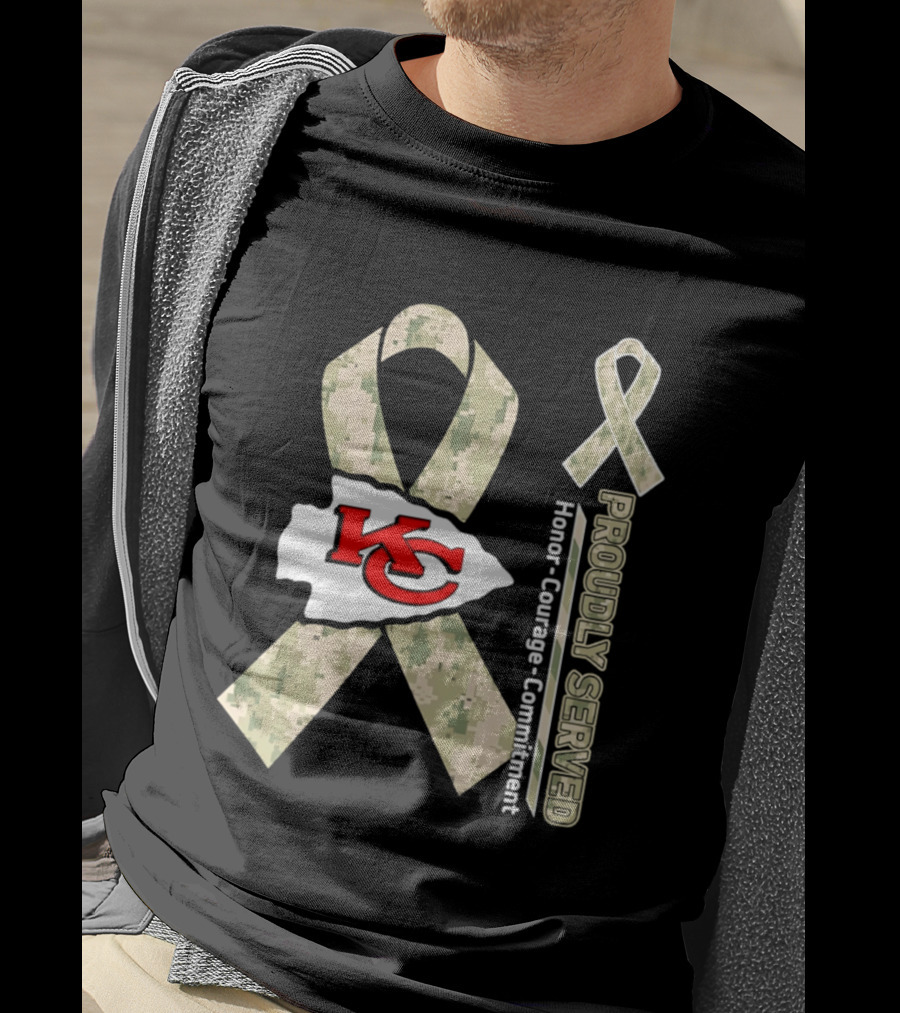 Kansas City Chiefs Military Support Honor Courage Commitment Kansas Camo Ribbon T-Shirt