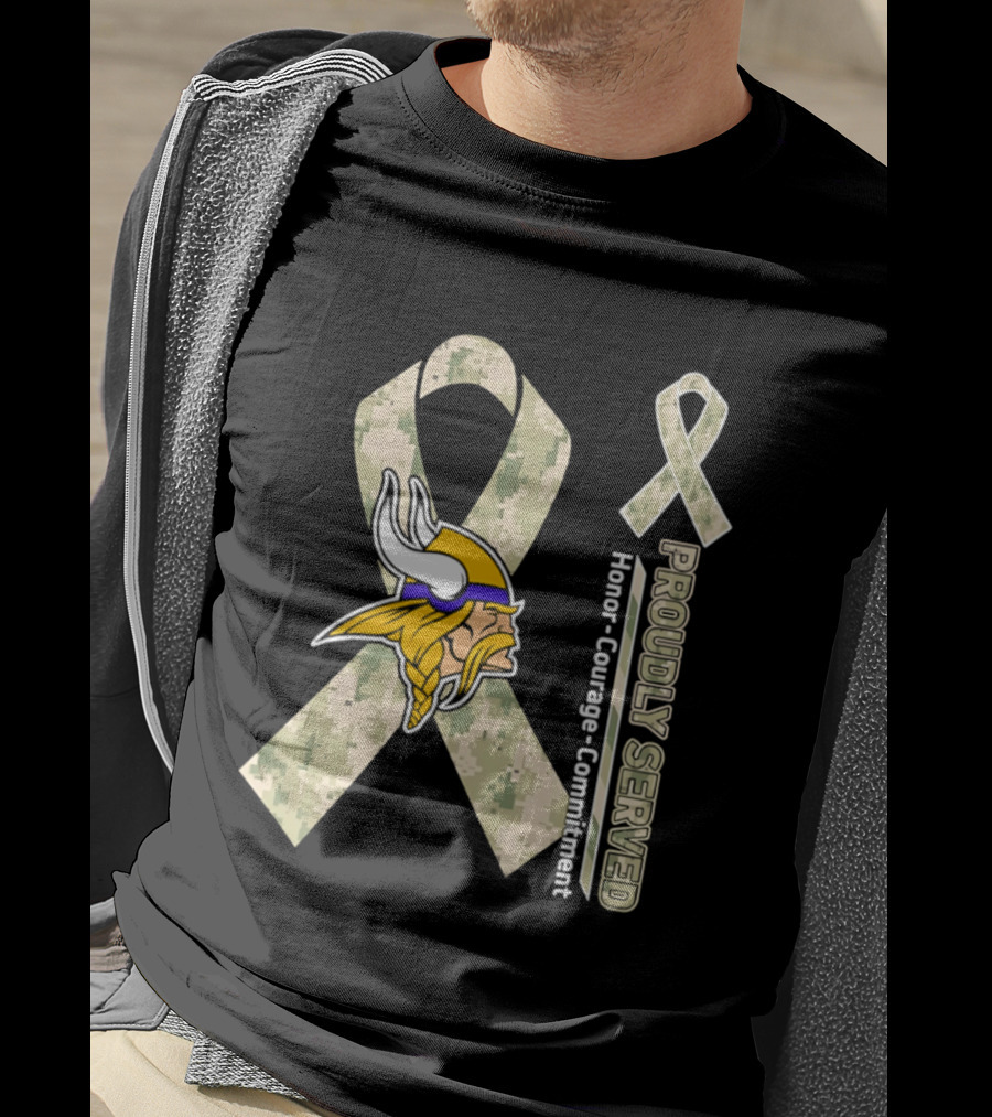 Minnesota Vikings Proudly Served Honor Courage Commitment Camouflage Ribbon T-Shirt