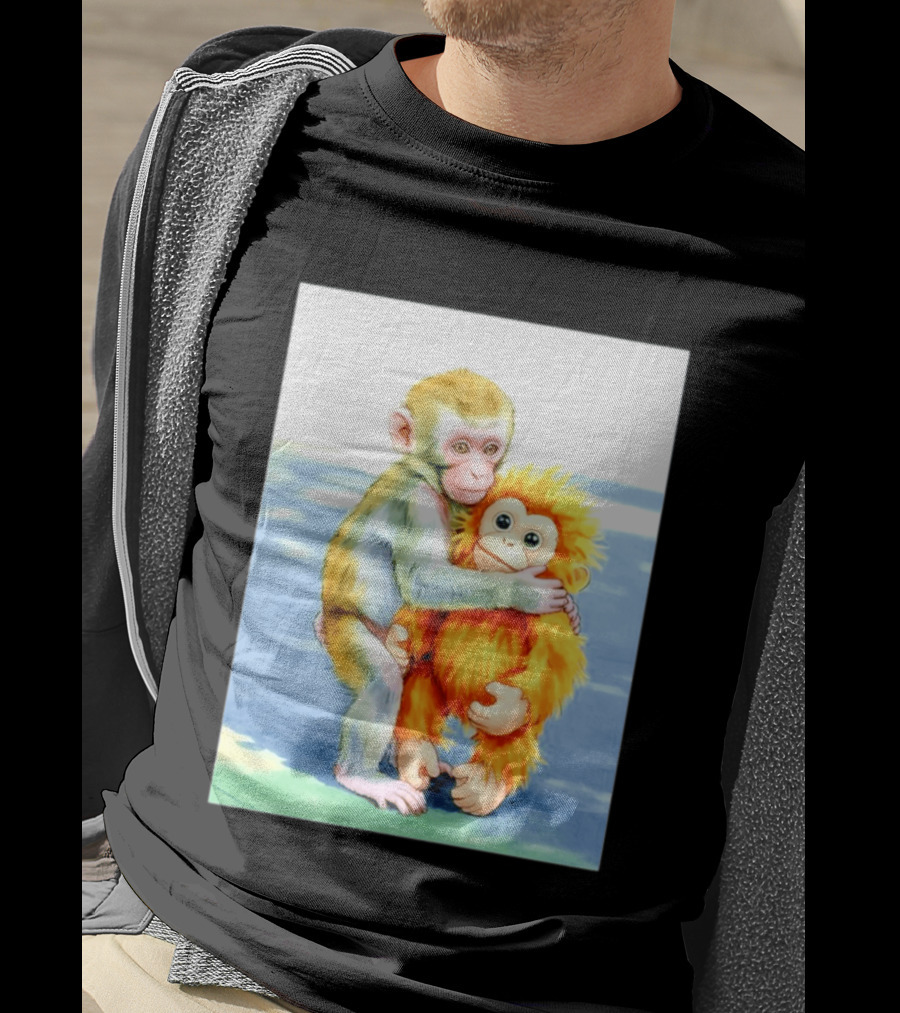 Adorable Monkey Cuddling Orange Plush Toy Scene T-Shirt