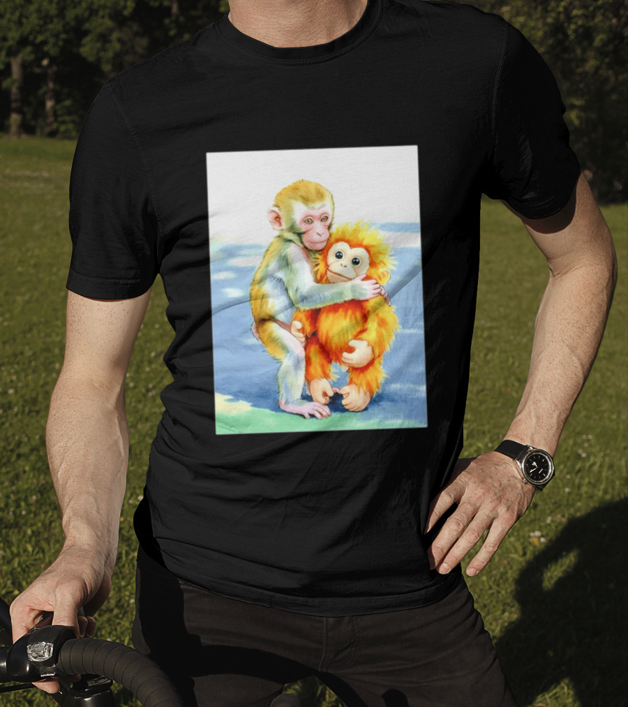 Adorable Monkey Cuddling Orange Plush Toy Scene T-Shirt
