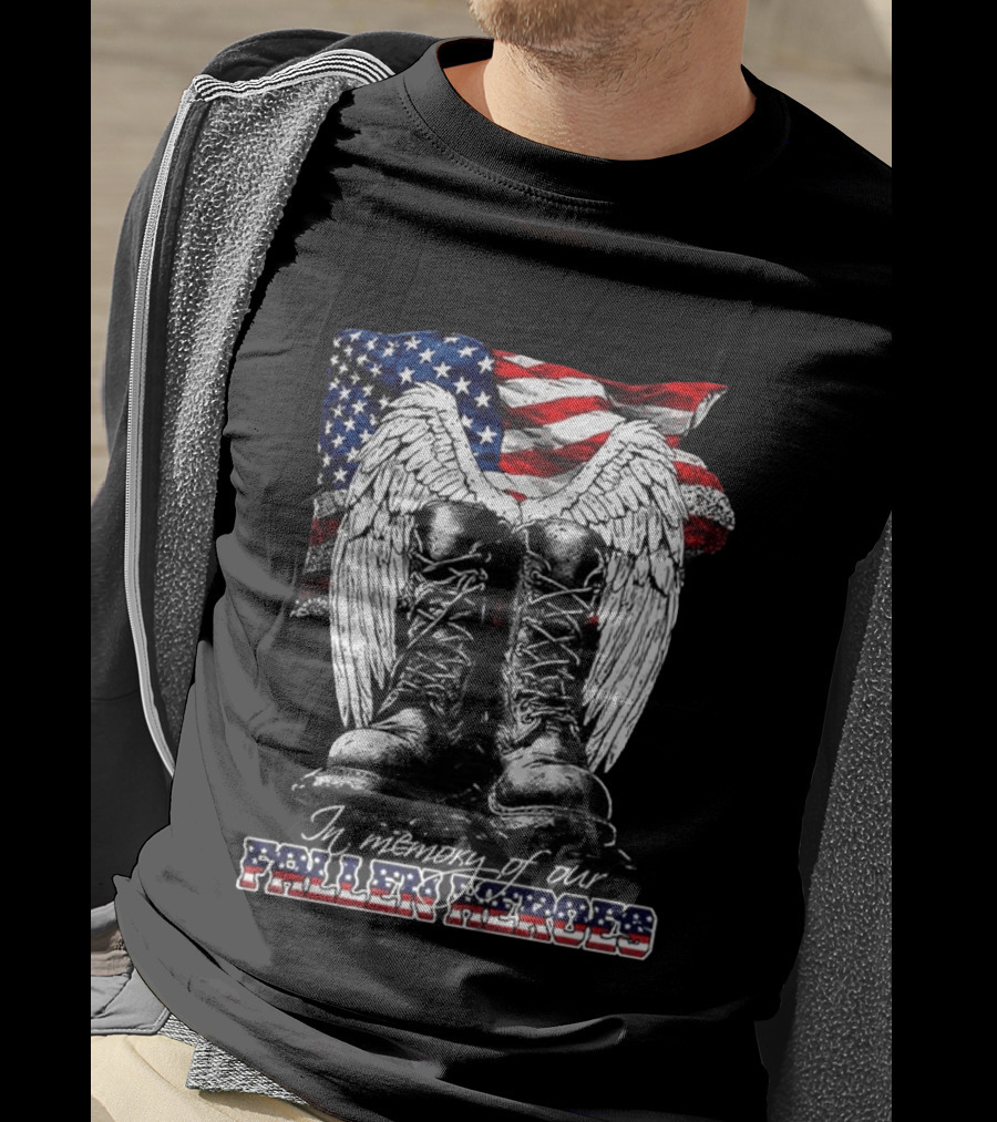 Hero's In The Sky In Memory Of Our Fallen Heroes American Flag Boots And Wings T-Shirt