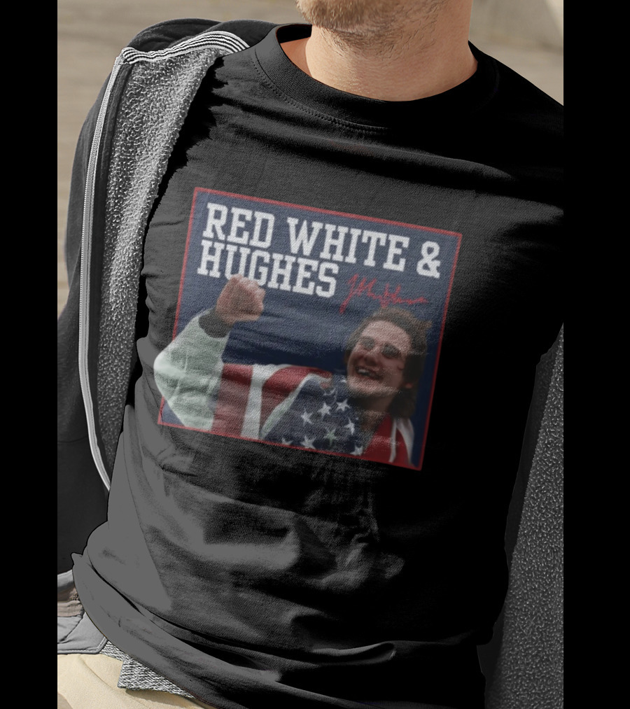 Red White And Hughes With Autograph And USA Flag T-Shirt