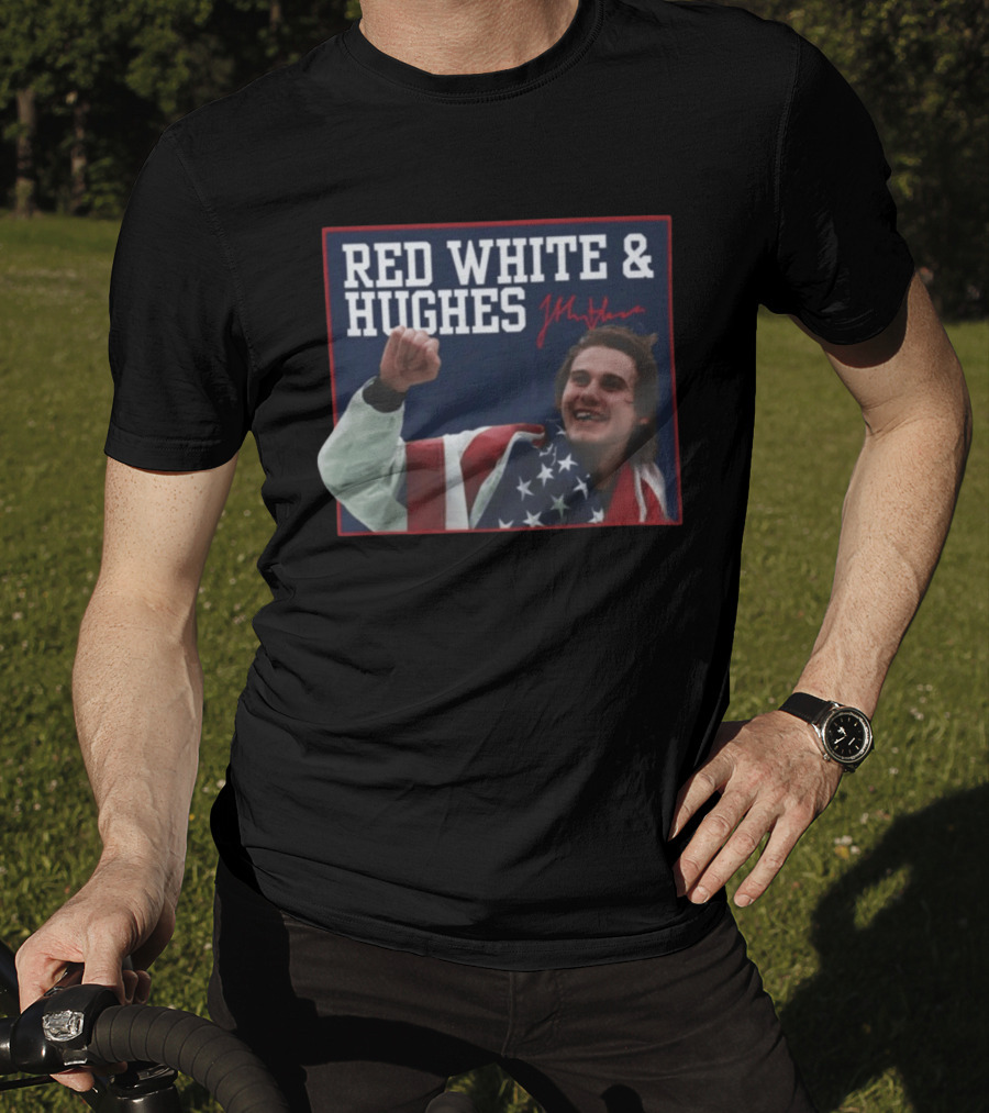Red White And Hughes With Autograph And USA Flag T-Shirt