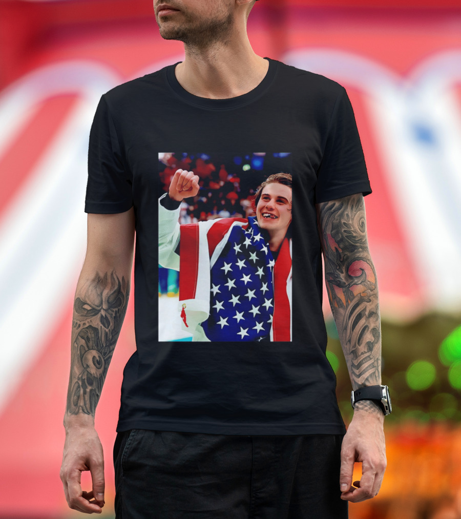 Jack Hughes Celebrating Team USA Hockey Star Spangled Moment T-Shirt