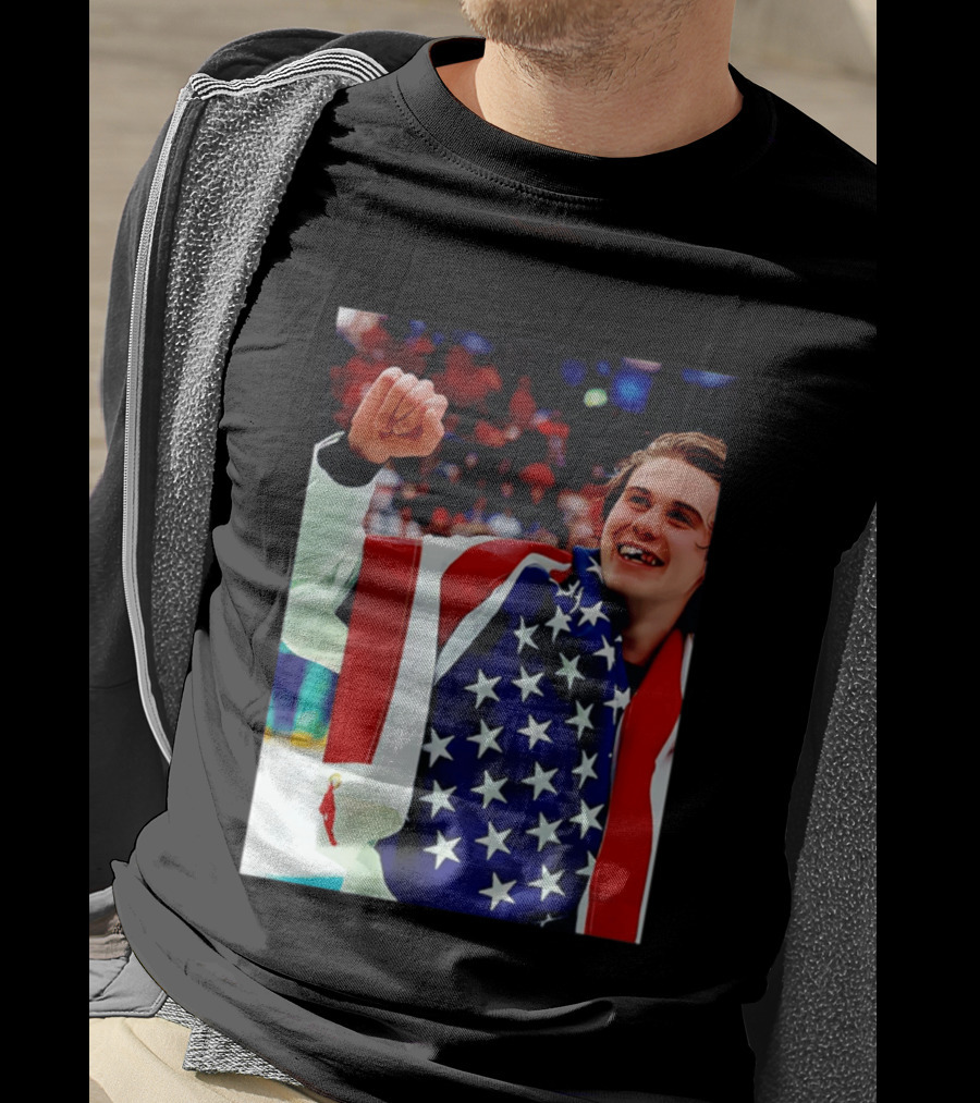 Jack Hughes Celebrating Team USA Hockey Star Spangled Moment T-Shirt