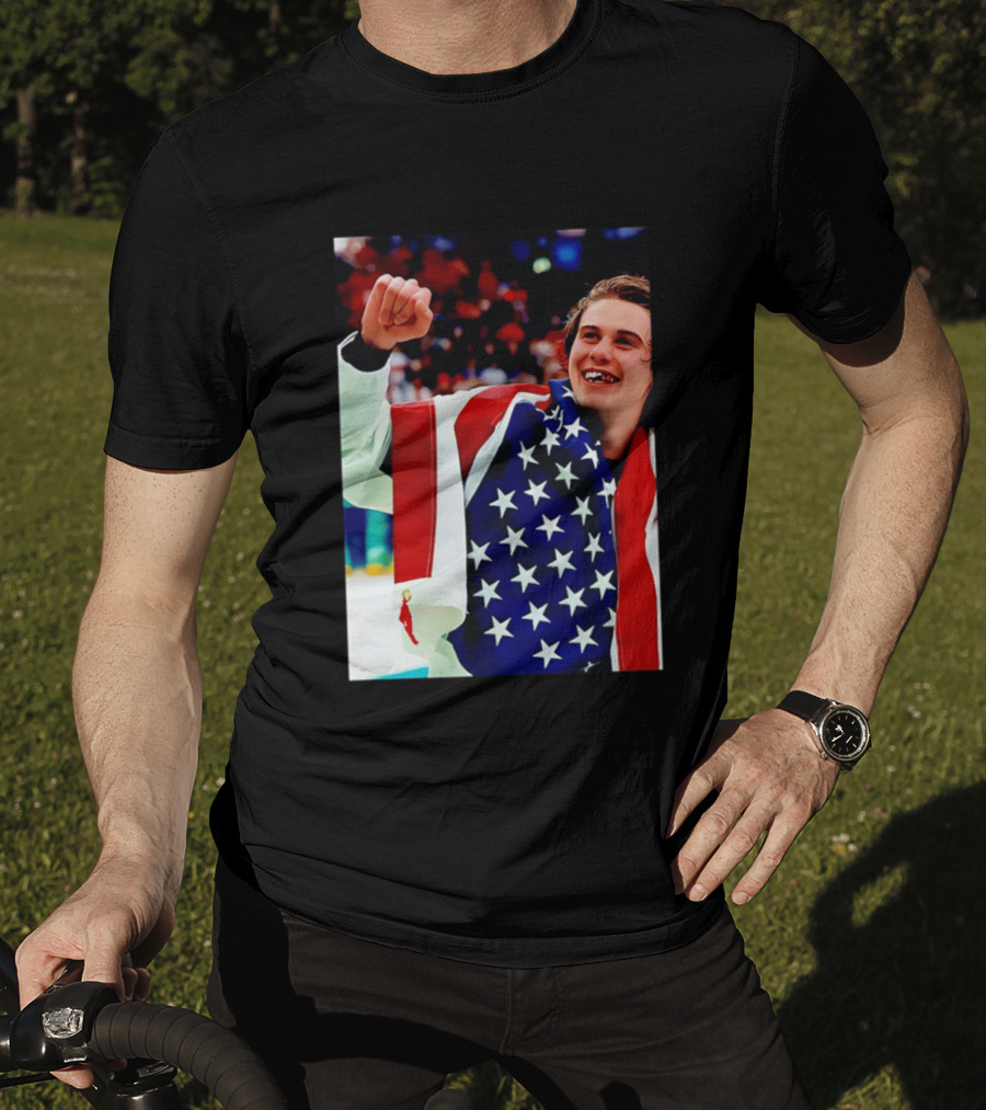 Jack Hughes Celebrating Team USA Hockey Star Spangled Moment T-Shirt