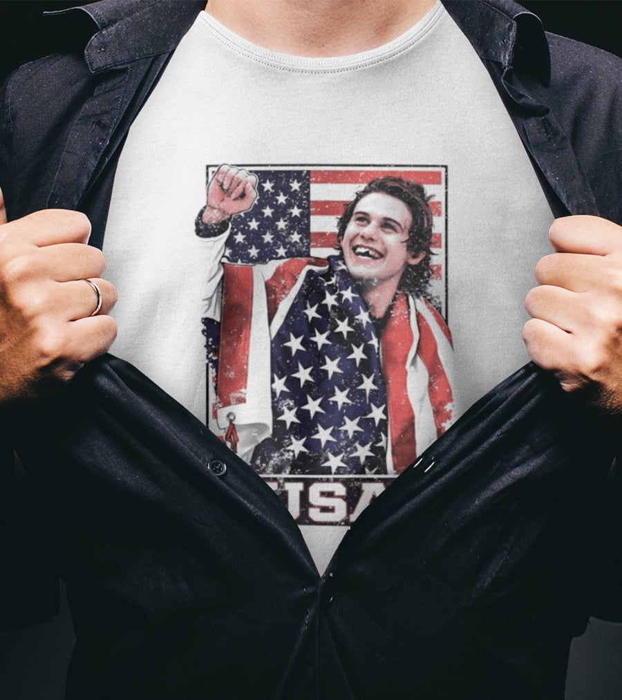 Jack Hughes USA Gold Medal Milano Cortina 2026 American Flag Hockey T-Shirt