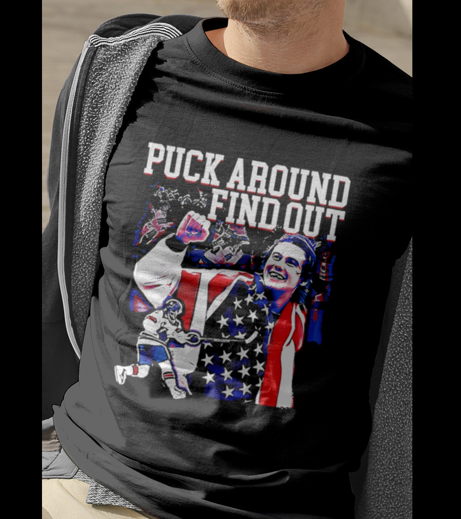 Puck Around Find Out Jack Hughes USA Hockey American Flag Celebration T-Shirt
