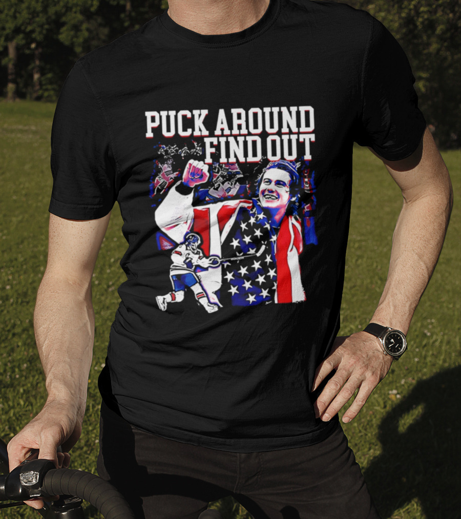 Puck Around Find Out Jack Hughes USA Hockey American Flag Celebration T-Shirt