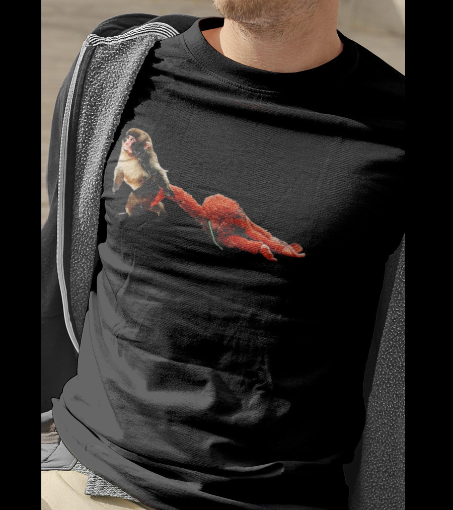 Punch Baby Monkey Dragging Emotional Plush Toy T-Shirt