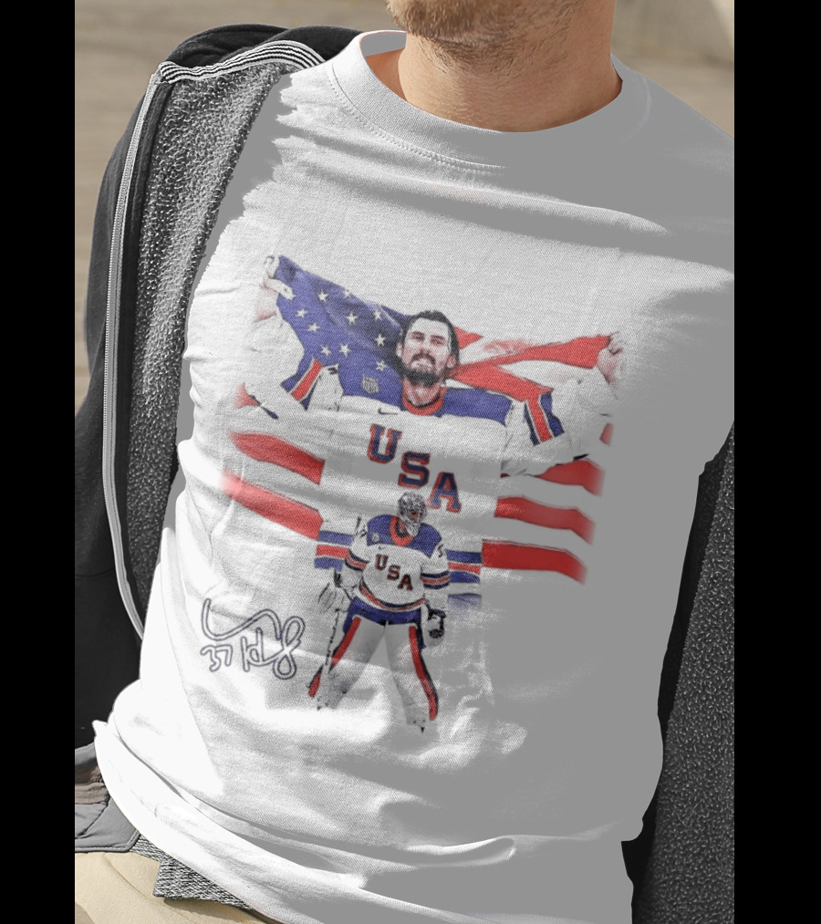 Connor Hellebuyck Team USA Olympic Gold Celebration Hockey Player With American Flag T-Shirt