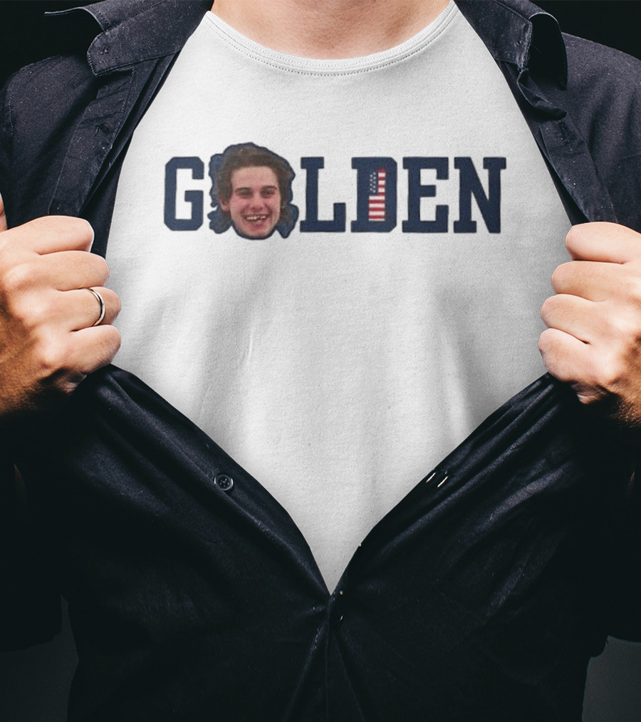 Jack Hughes Golden USA Flag Hockey Smile 2026 T-Shirt