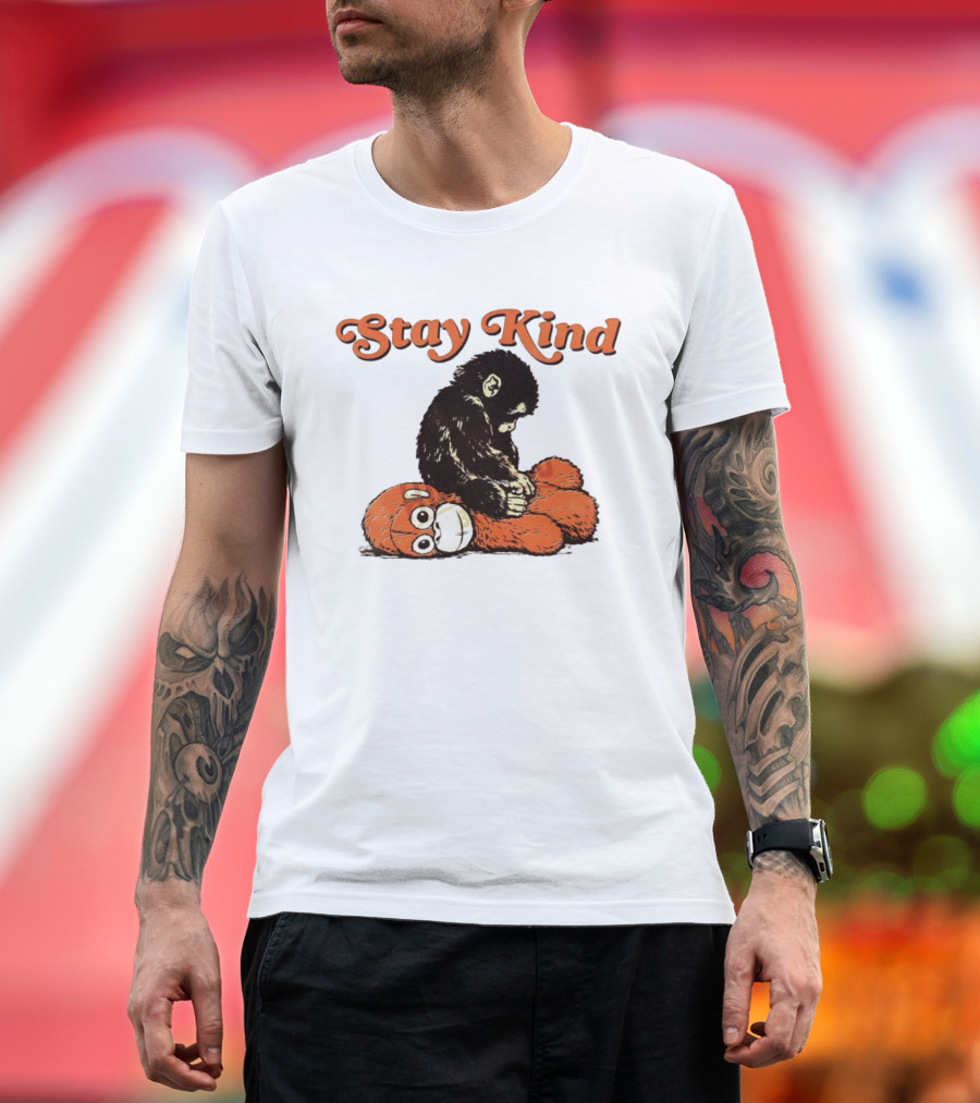 Stay Kind Punch Monkey Meme Compassionate Primate Hugging Plush T-Shirt