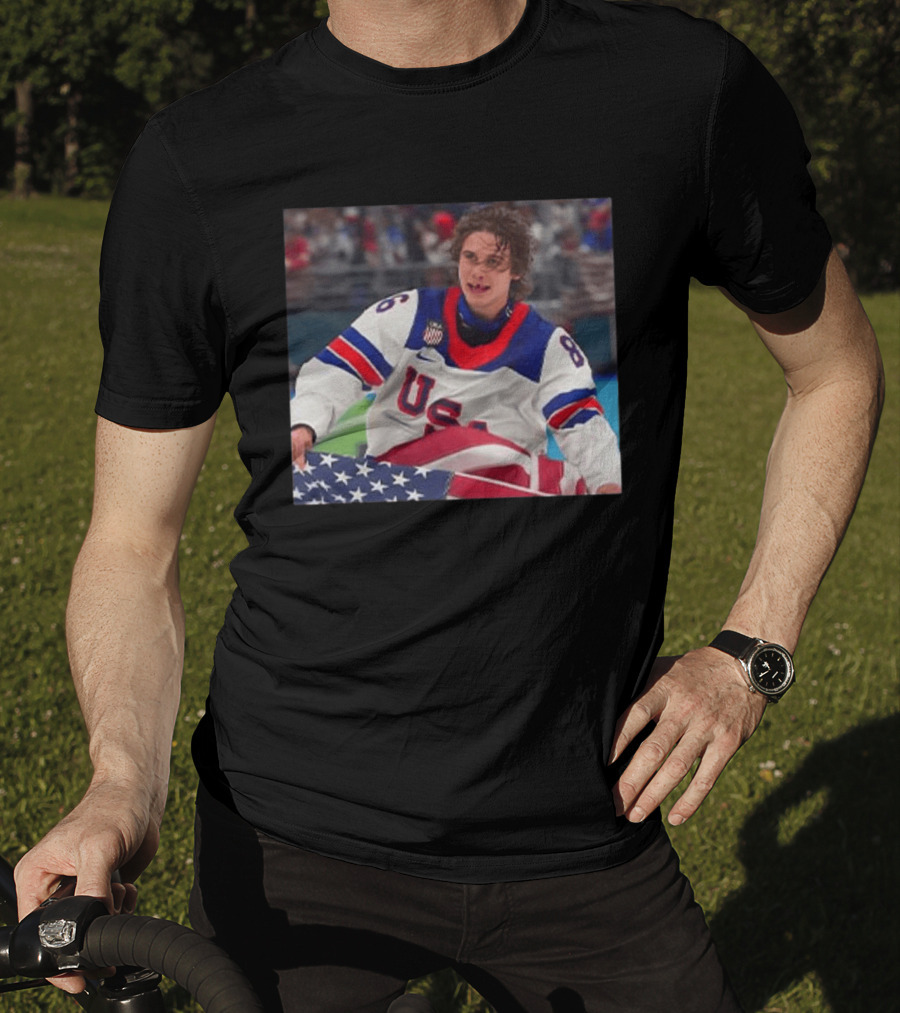 USA Hockey Jack Hughes Team 86 American Flag T-Shirt