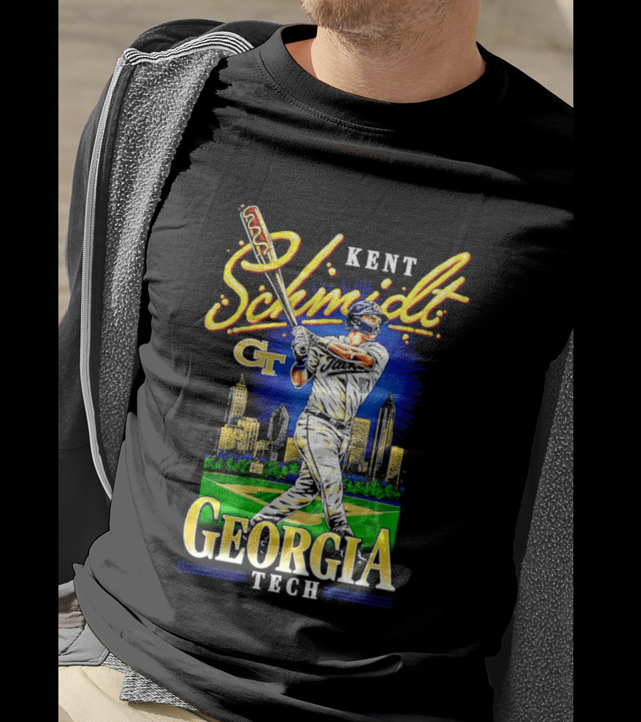 Kent Schmidt Georgia Tech Baseball Hot Dog Bat Skyline T-Shirt