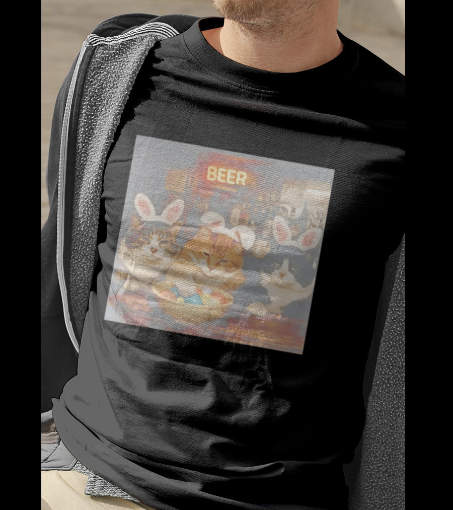 Beer Cat Trio Bunny Ears With Easter Eggs T-Shirt