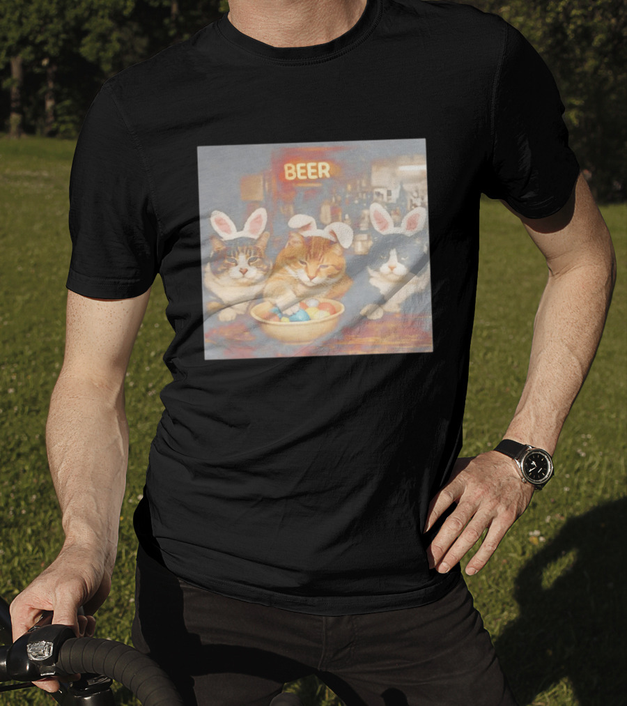 Beer Cat Trio Bunny Ears With Easter Eggs T-Shirt