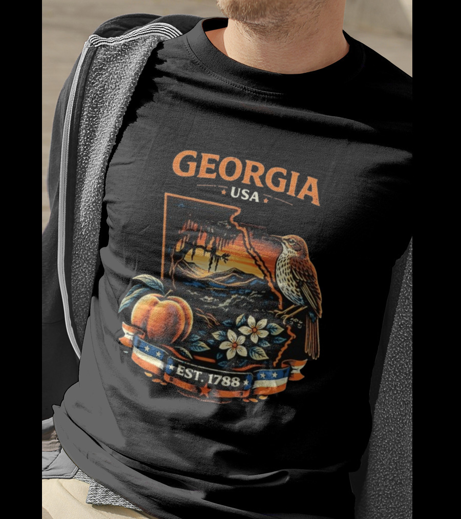 Georgia USA Established 1788 Peach Bird Landscape T-Shirt