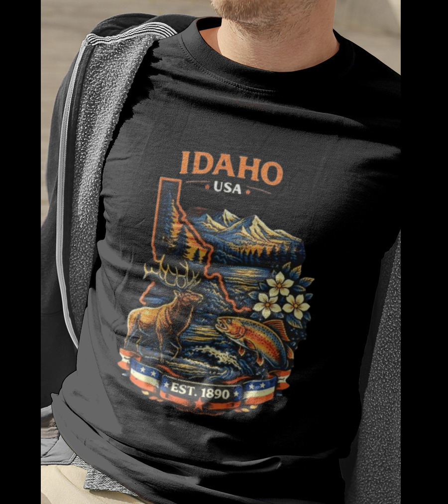 Idaho USA Est 1890 Wilderness Elk Trout Mountains T-Shirt