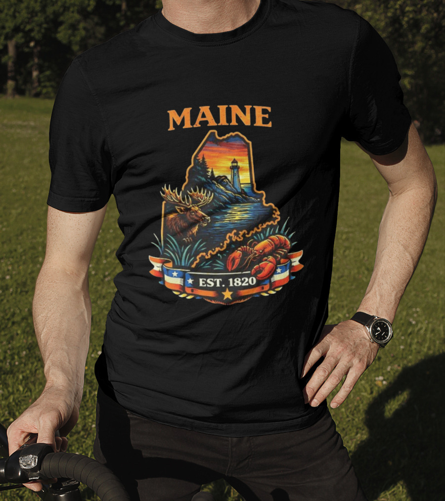 Maine Sunset Est 1820 Lighthouse Moose Lobster USA Landscape T-Shirt