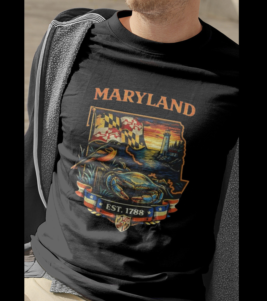 Maryland Est 1788 Crab Lighthouse Scene With Flag And Bird T-Shirt