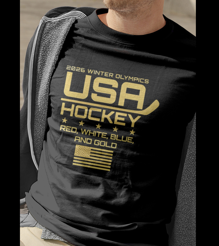 USA Hockey 2026 Winter Olympics Red White Blue Gold Flag T-Shirt