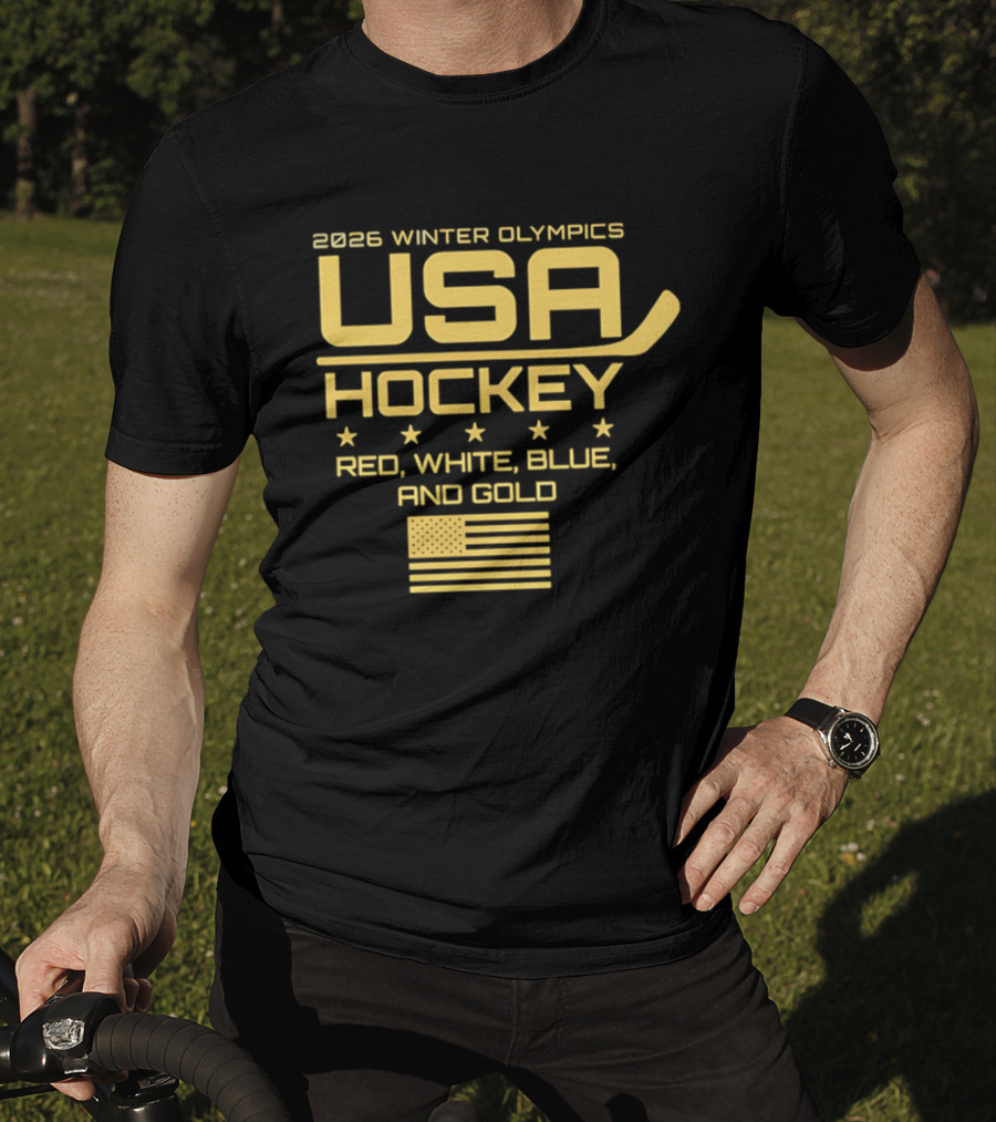 USA Hockey 2026 Winter Olympics Red White Blue Gold Flag T-Shirt