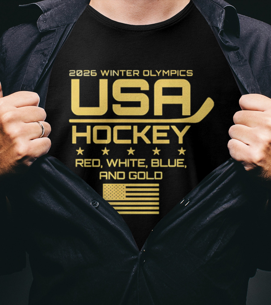 USA Hockey 2026 Winter Olympics Red White Blue Gold Flag T-Shirt
