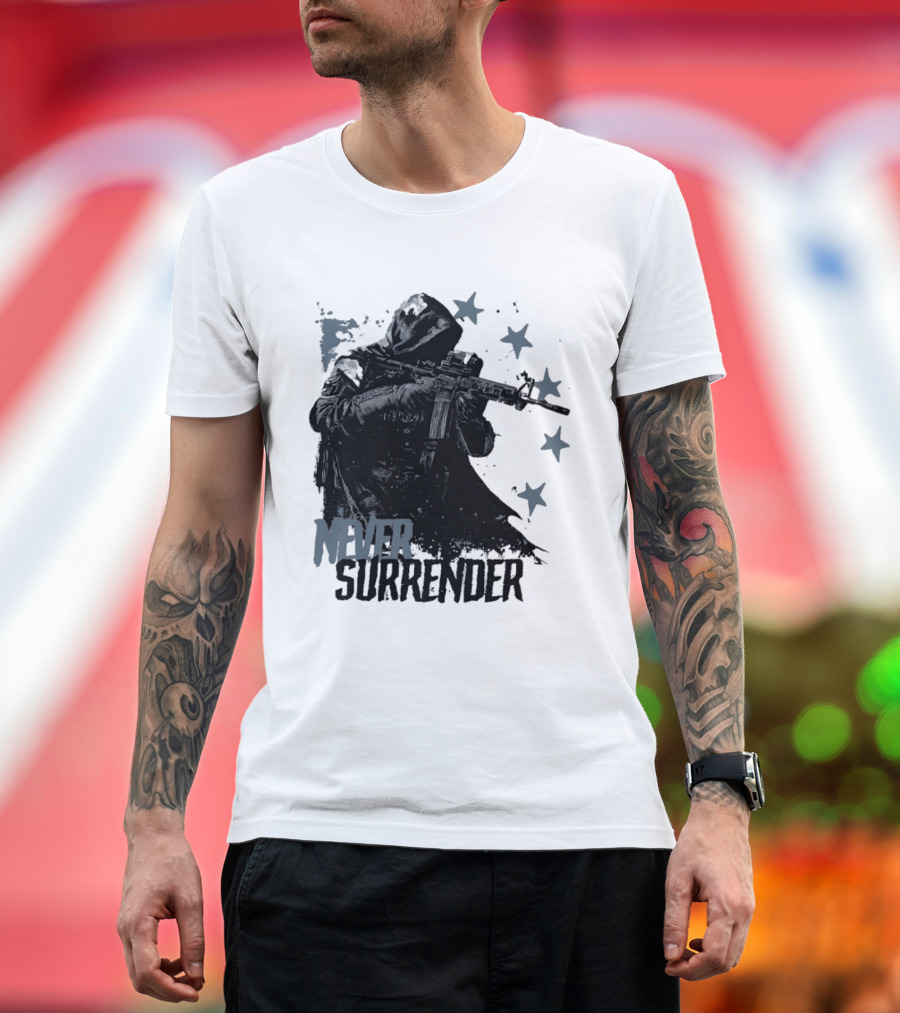 Never Surrender Reaper With Hooded Figure And Rifle T-Shirt