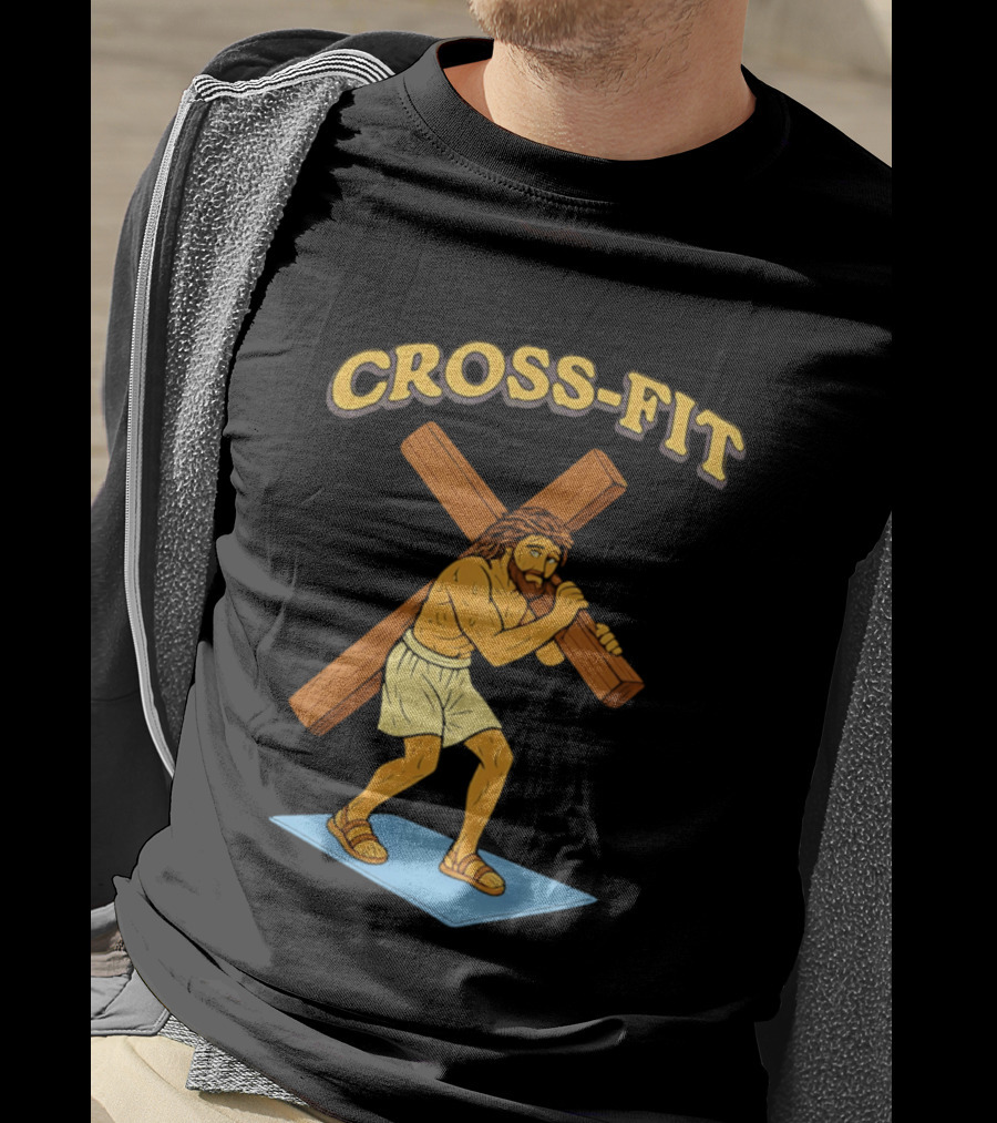 Cross Fit Jesus Cartoon Carrying Cross T-Shirt