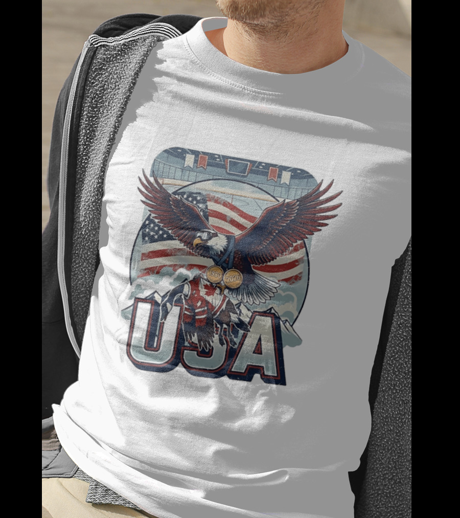 USA Hockey Eagle 1980 2026 American Flag Ice Rink T-Shirt