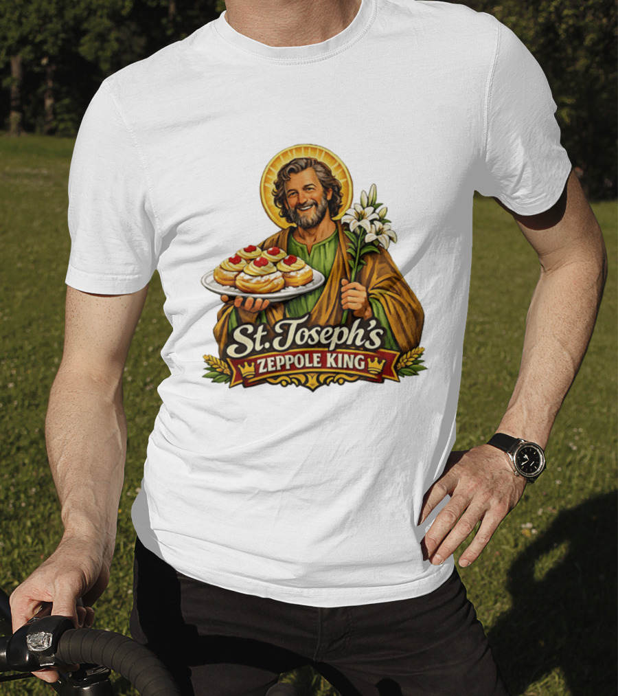 St Joseph's Zeppole King Saint Holding Tray With Flowers T-Shirt