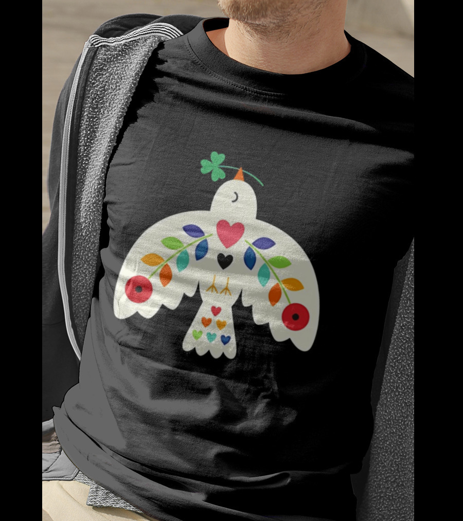 Luck Peace Love Dove With Shamrock And Colorful Hearts T-Shirt