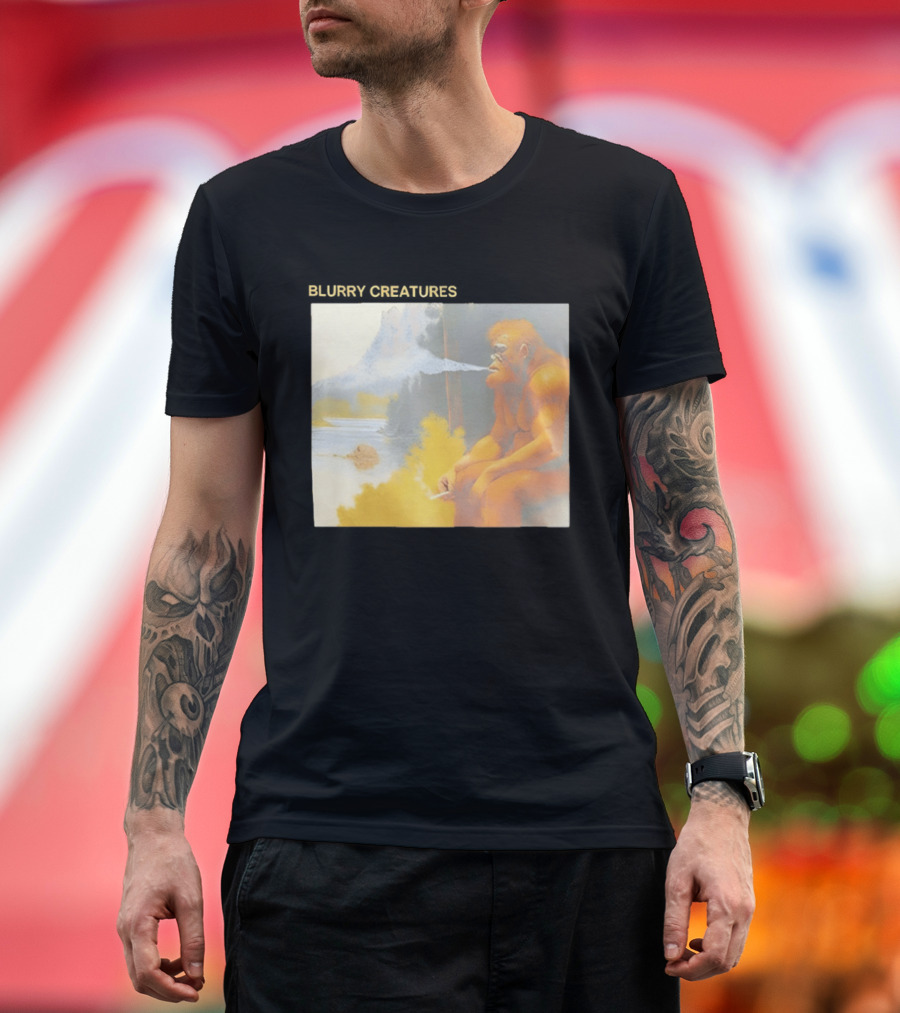 Bigfoot Blurry Creatures Smoking By Lake Mountain Scene T-Shirt