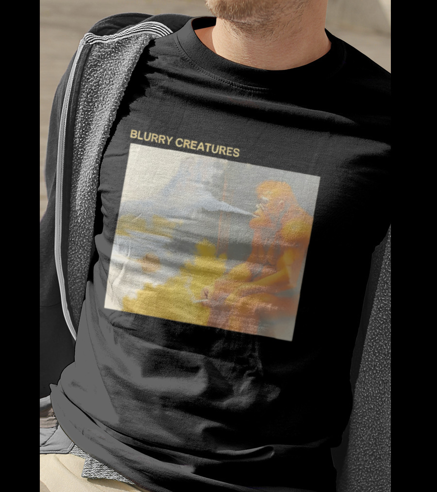 Bigfoot Blurry Creatures Smoking By Lake Mountain Scene T-Shirt