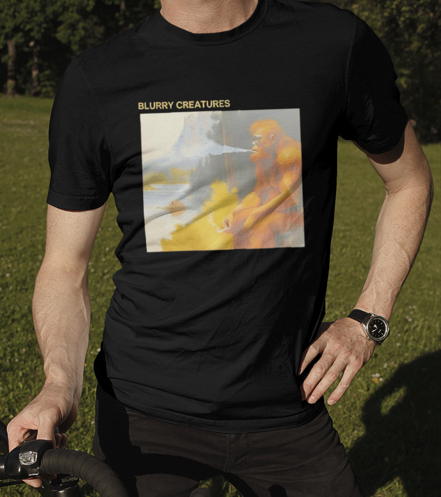 Bigfoot Blurry Creatures Smoking By Lake Mountain Scene T-Shirt