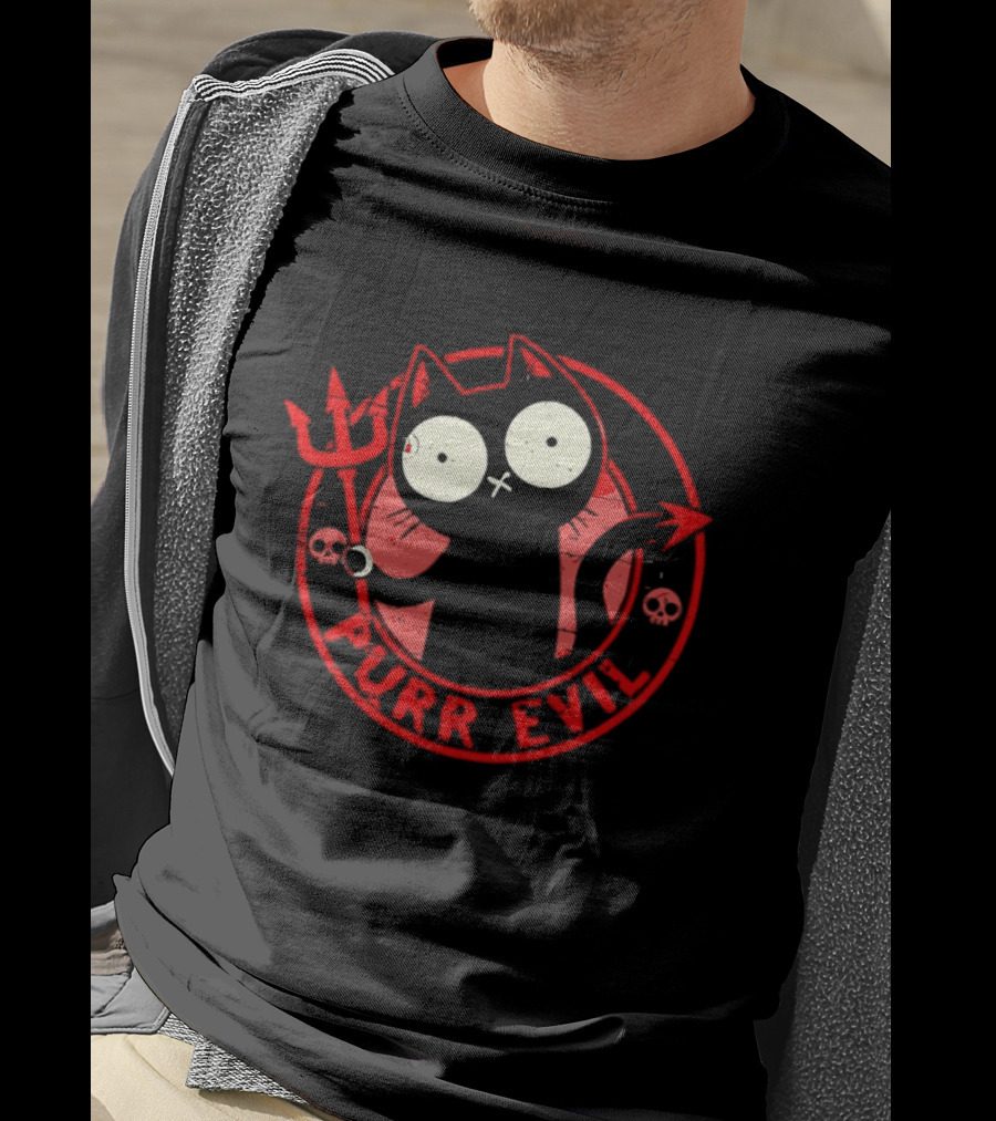Purr Evil Cat With Trident And Skulls T-Shirt