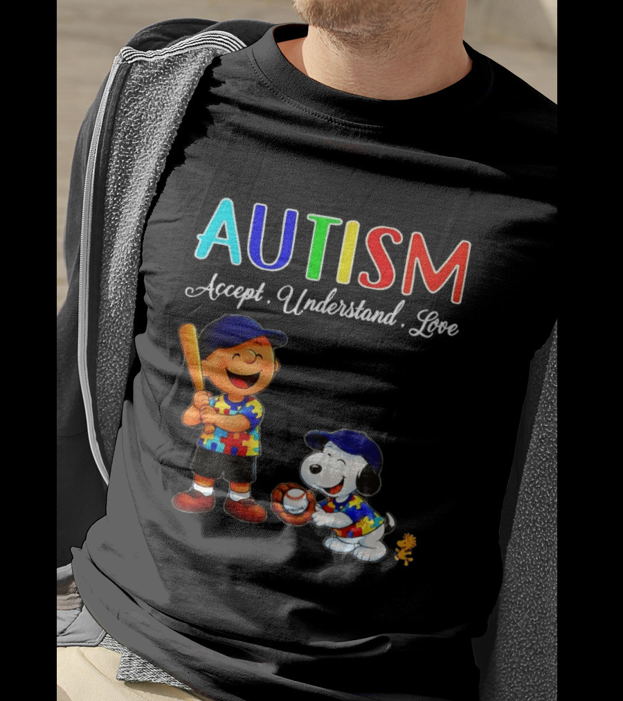 Charlie Brown Snoopy Peanuts Autism Accept Understand Love Baseball Puzzle T-Shirt