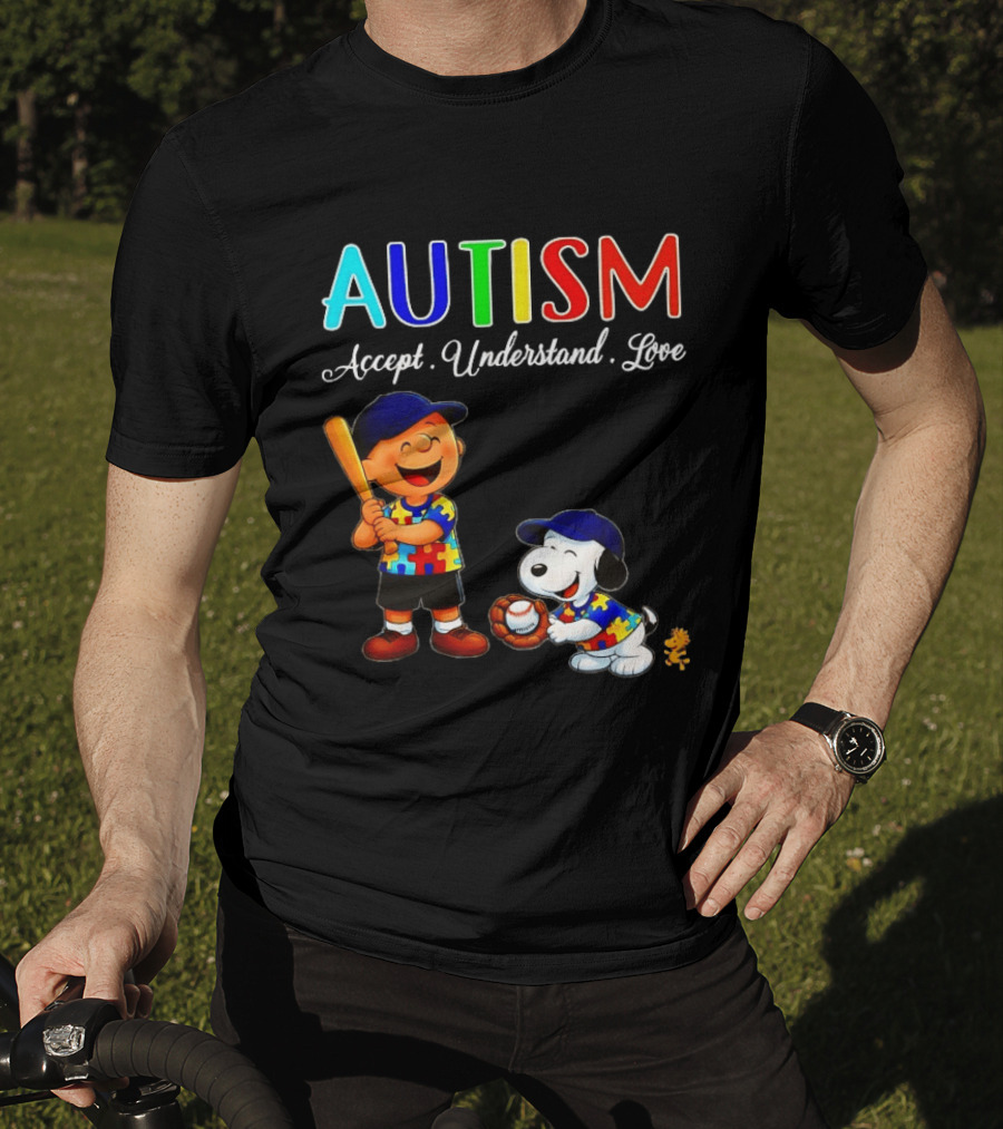 Charlie Brown Snoopy Peanuts Autism Accept Understand Love Baseball Puzzle T-Shirt