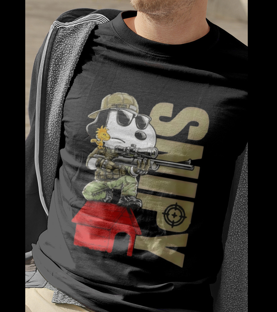 Snoopy Sniper Woodstock Camouflage Doghouse Target T-Shirt