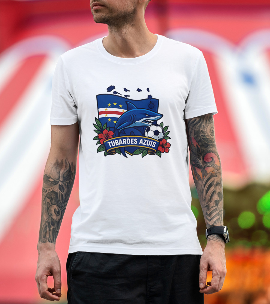 Tubaroes Azuis Cape Verde Football Team Crest with Shark and Soccer Ball T-Shirt